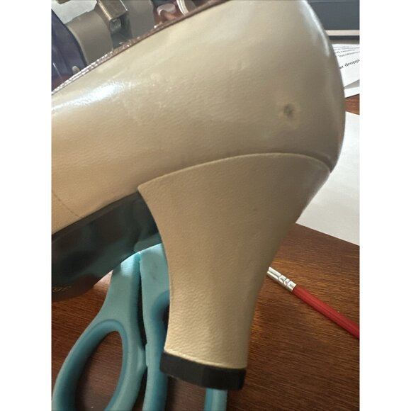 Saint Laurent Pump Shoes Size US 7 Beige Brown Patent Leather Heel Block Bow - Picture 14 of 15